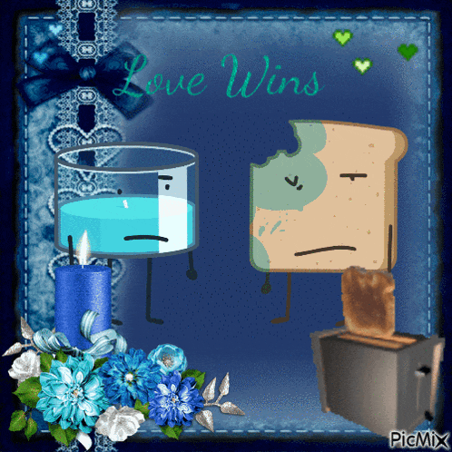 a picture of a glass of water and a piece of bread with the words love wins