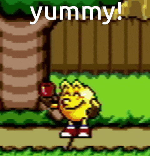 a cartoon character holding an apple with the words yummy written above him