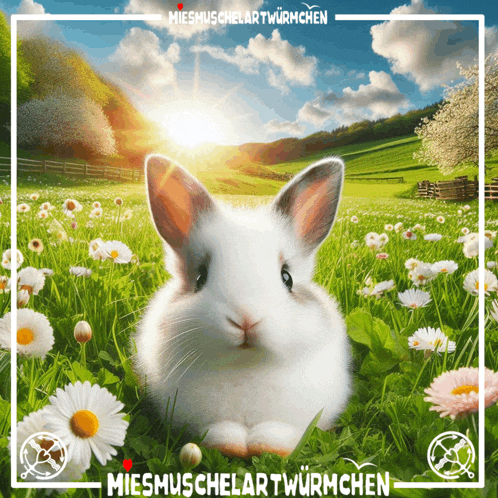 a picture of a white rabbit in a field of daisies