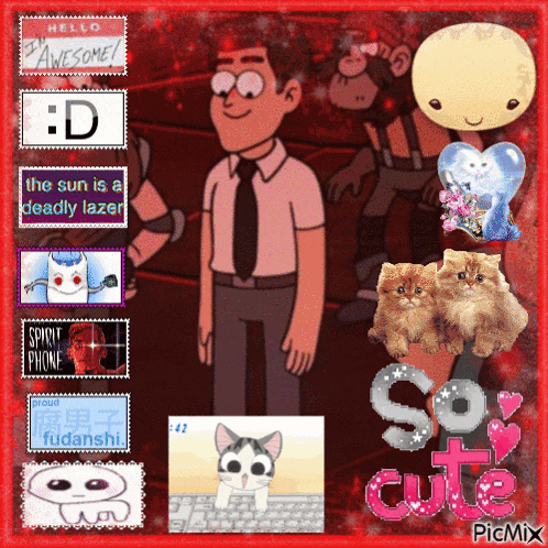 a man in a pink shirt and tie is surrounded by a bunch of stickers including one that says ' so cute '