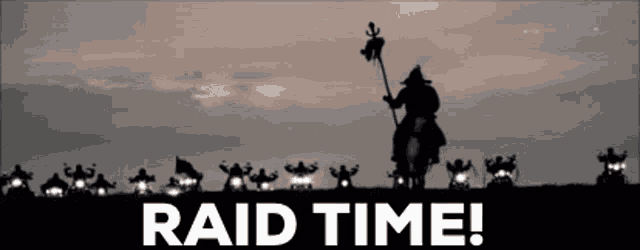 a silhouette of a man on a horse with the words raid time written below him