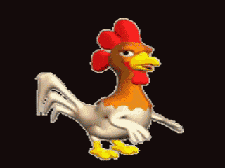 a cartoon rooster with a red crest and yellow legs