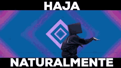 a person with a box on their head is dancing in front of a blue and purple background with the words haja naturalmente