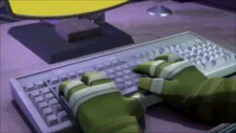 a cartoon character is typing on a keyboard with a computer monitor in the background