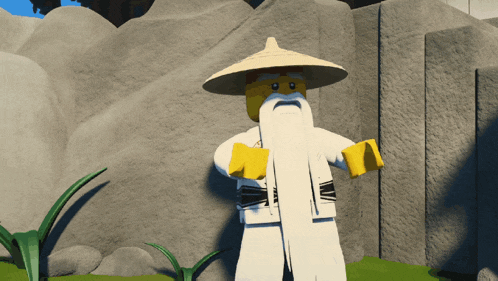 a lego character with a white beard and hat
