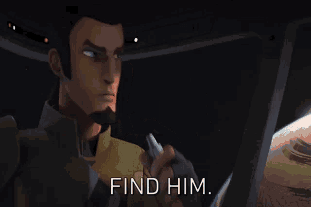 a cartoon character says find him while holding a gun