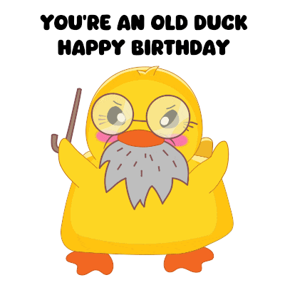 a yellow duck with glasses and a beard says " you 're an old duck "