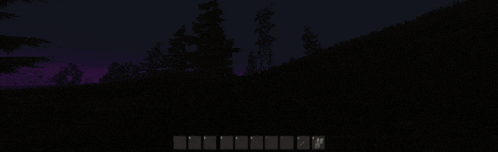 a dark landscape with trees and a purple sky in the background