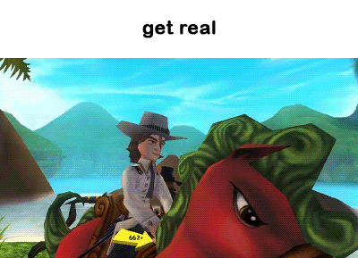 a cowboy riding a red horse with the words get real written below him