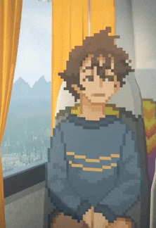 a pixel art of a person sitting in front of a window with mountains in the background