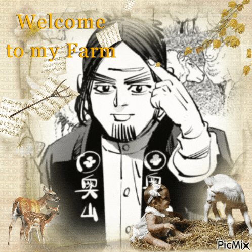 a picture of a man and animals with the words welcome to my farm
