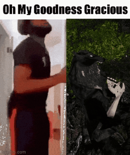 a picture of a man and a picture of a monster with the words oh my goodness gracious at the top