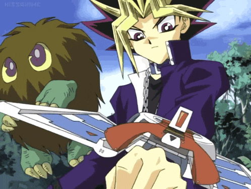 a cartoon of a man holding a sword and a monster behind him that says hisanime on it