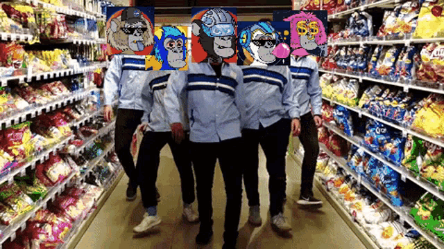 a group of people walking down a grocery store aisle with a picture of monkeys on their faces