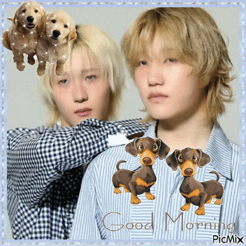 a picture of two men with dachshunds and the words good morning picmix