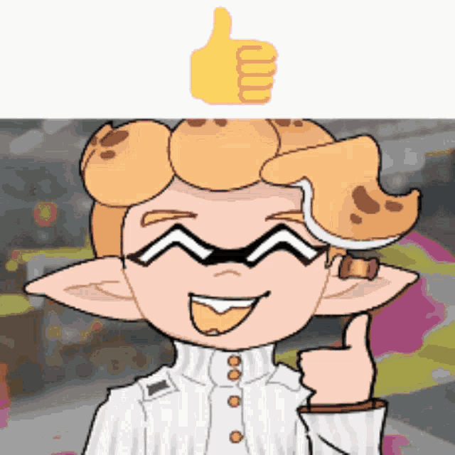 a cartoon character is giving a thumbs up and has a cookie on his head