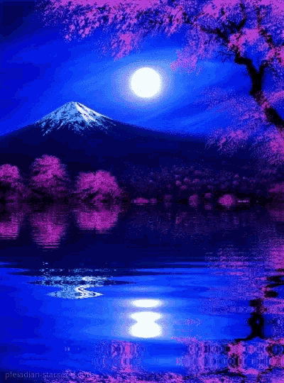 a painting of a full moon over a lake
