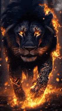 a lion with a tattoo on its arm is walking through a forest surrounded by flames .