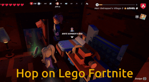 a video game with the words hop on lego fortnite on the bottom