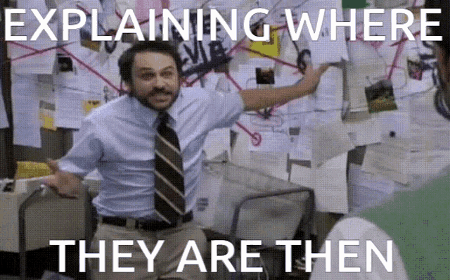 a man in a suit and tie is explaining where they are
