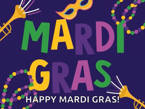 a mardi gras poster with a mask and beads