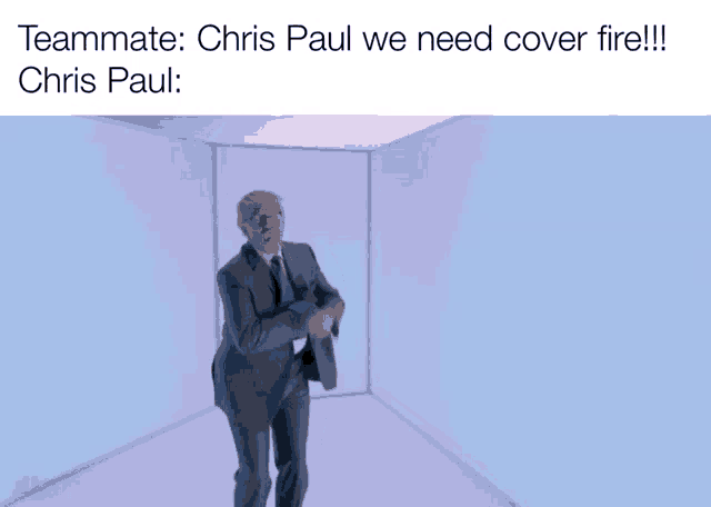 a man in a suit and tie dancing in a room with the caption teammate chris paul we need cover fire