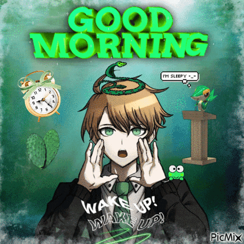 a picture of a boy with a snake on his head and the words good morning