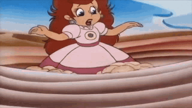 a cartoon girl in a pink dress is standing in a pool of water .