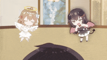 an angel and a demon are standing next to each other in a room