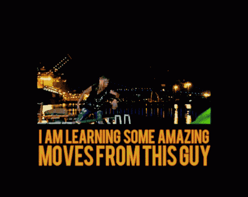 a picture of a woman standing next to a green inflatable monster with the words i am learning some amazing moves from this guy