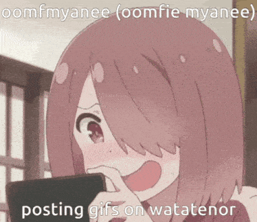 a picture of a girl with pink hair and the words posting gifs on watatenor