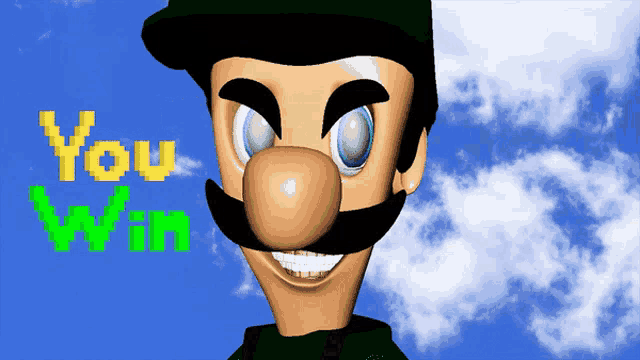 a cartoon of a man with a mustache and the words " you win " behind him