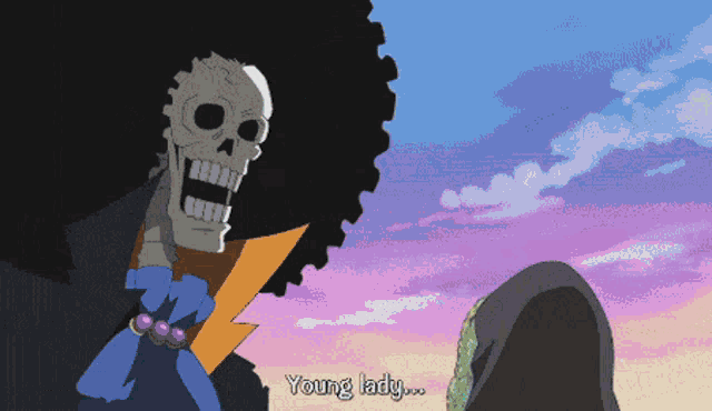 a cartoon of a skeleton with an afro and the words young lady below it