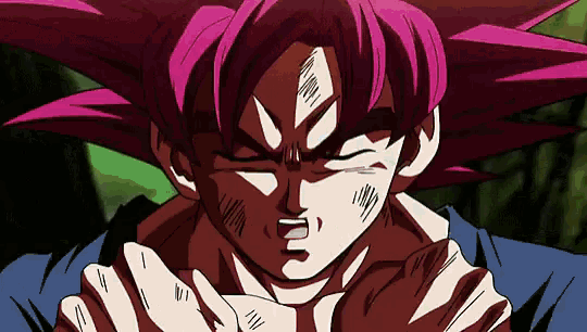 a close up of a cartoon character with pink hair and a blue shirt