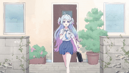 a drawing of a girl walking in front of a door with a sign that says ' i ' on it