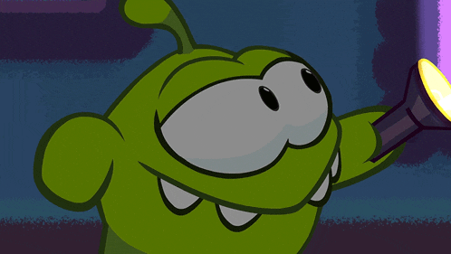 a green cartoon character holding a flashlight with a purple background