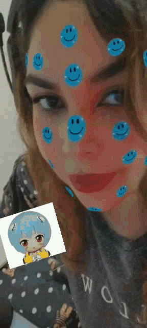 a woman with blue smiley faces on her face and a picture of a girl with red eyes