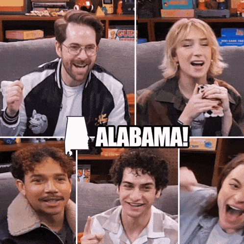 a group of people sitting on a couch with the word alabama on the bottom right