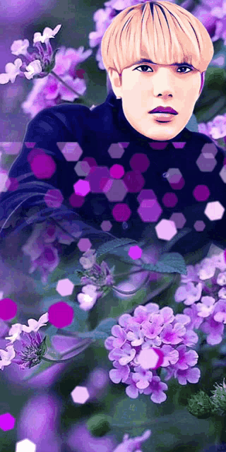 a man in a black turtleneck stands in front of purple flowers