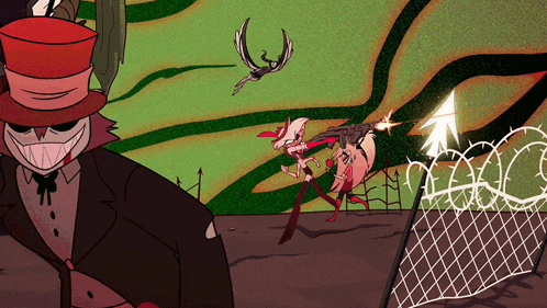 a cartoon drawing of a man in a top hat and a woman with a gun
