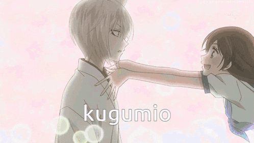 a girl with a cat ear is hugging a boy with the word kugumio written on the bottom