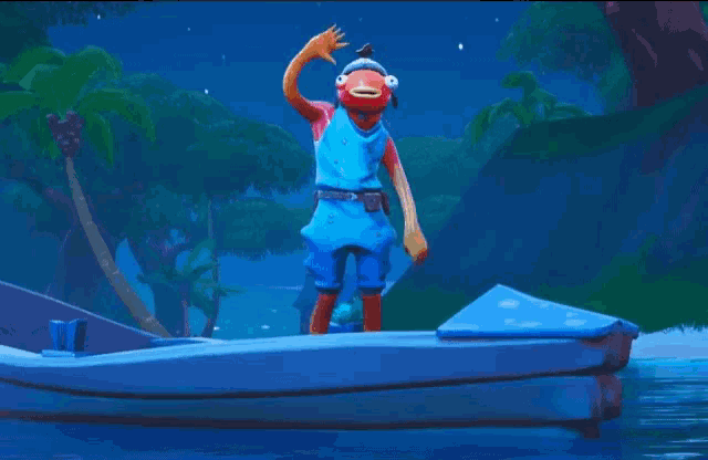 a fish in a blue outfit is standing in a boat and waving