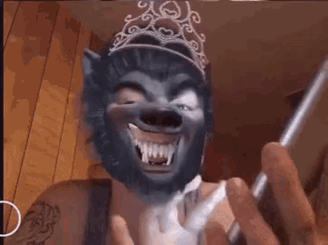 a person is wearing a wolf mask and a tiara while holding a cell phone .