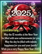 a greeting card for the new year 2025 with a red ribbon and flowers .
