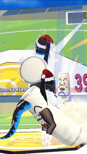 a person wearing a santa hat and a white shirt with the number 39 on the bottom
