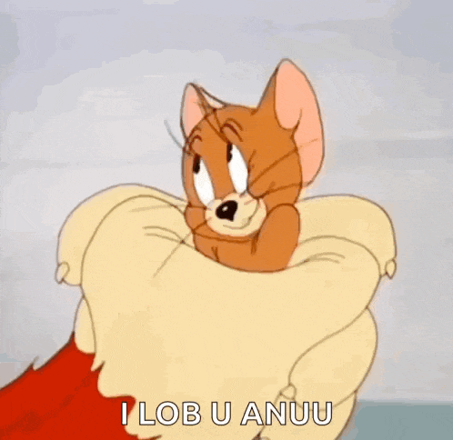 a cartoon cat is laying on top of a pillow and says i lob u anuu .