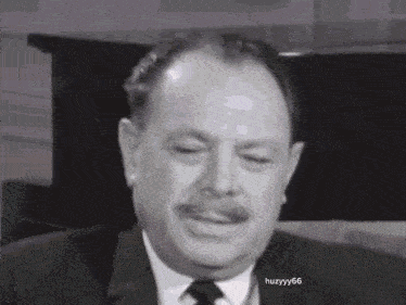 a man with a mustache wearing a suit and tie is smiling in a black and white photo