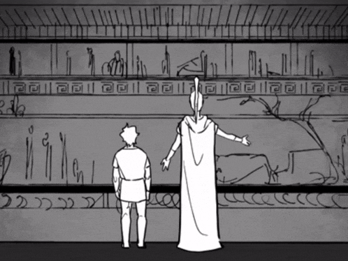 a black and white drawing of a man and a woman standing in front of a wall