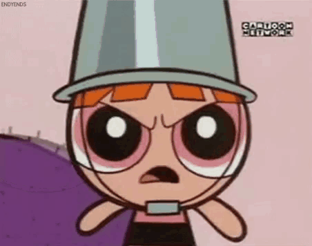 a cartoon character from the powerpuff girls is wearing a bucket hat and making an angry face .
