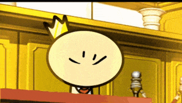 a cartoon character with a crown on his head is standing in front of a microphone